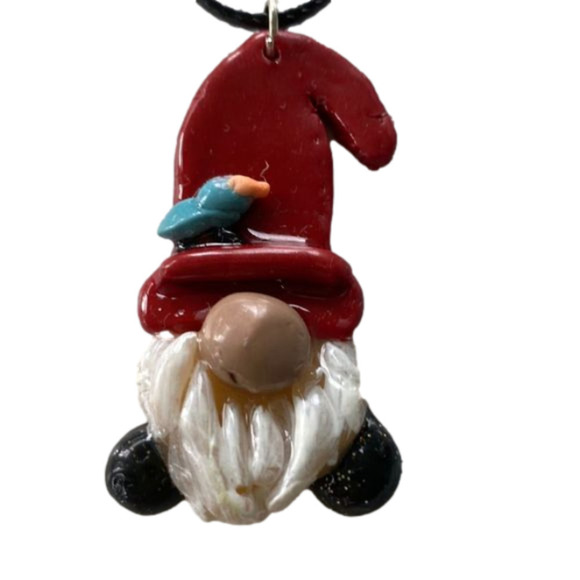 HAND crafted, polymer clay, whimsical gnome necklace. Black nylon cord/2 in ext. - Picture 1 of 2